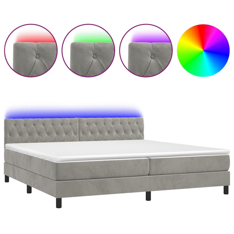 vidaXL világosszürke bársony rugós és LED-es ágy matraccal 200x200 cm