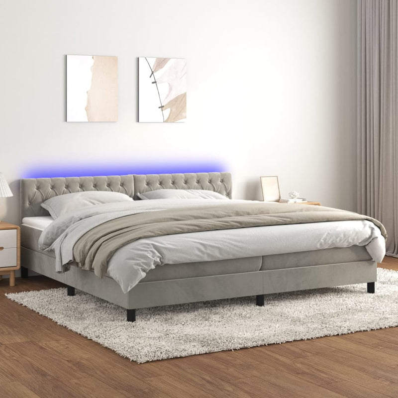 vidaXL világosszürke bársony rugós és LED-es ágy matraccal 200x200 cm