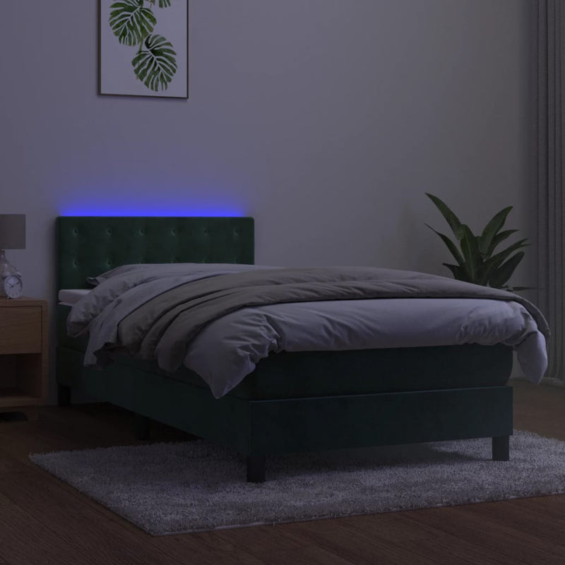 vidaXL sötétzöld bársony rugós és LED-es ágy matraccal 80 x 200 cm