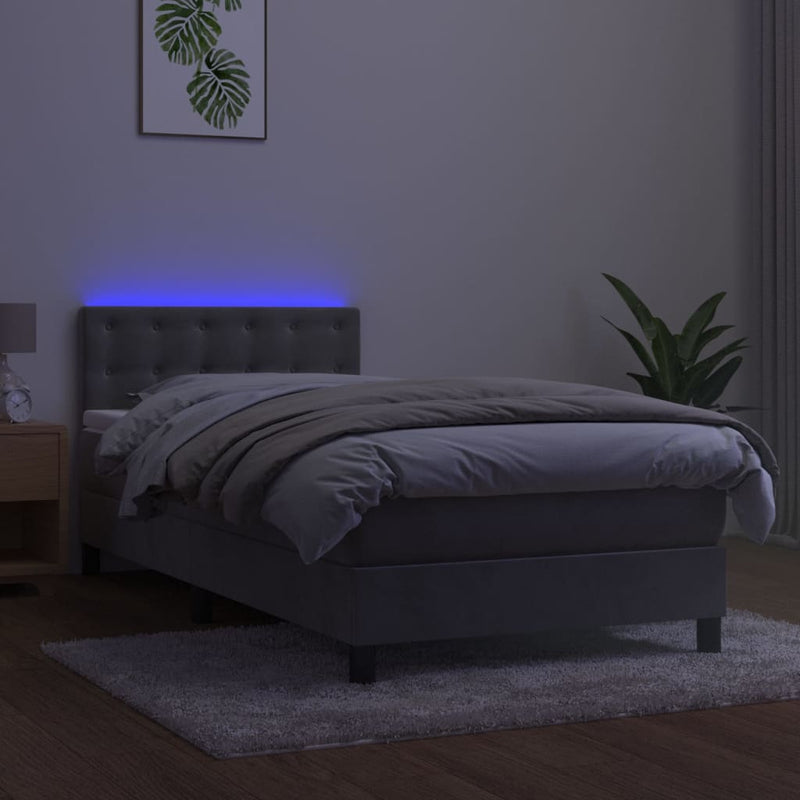 vidaXL világosszürke bársony rugós és LED-es ágy matraccal 90x190 cm