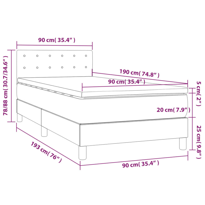 vidaXL sötétszürke bársony rugós és LED-es ágy matraccal 90x190 cm