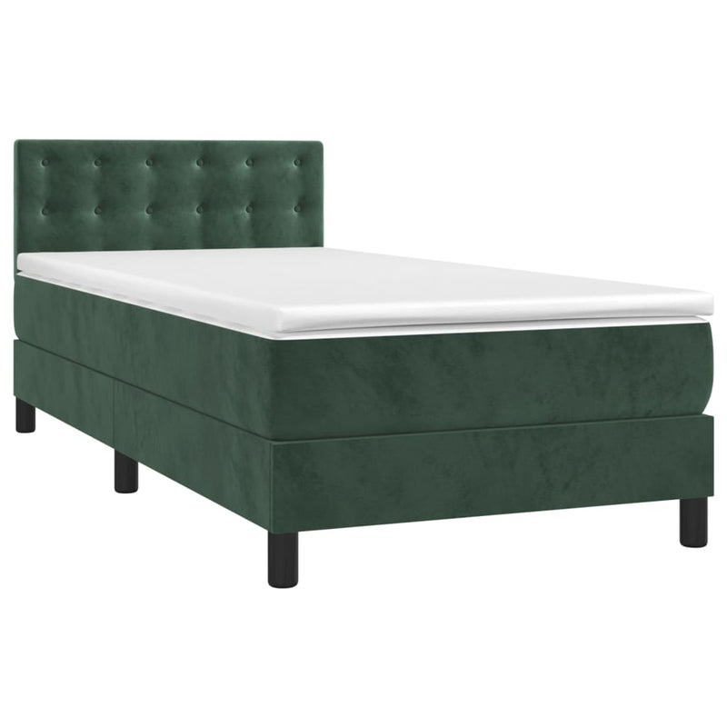 vidaXL sötétzöld bársony rugós és LED-es ágy matraccal 90x190 cm