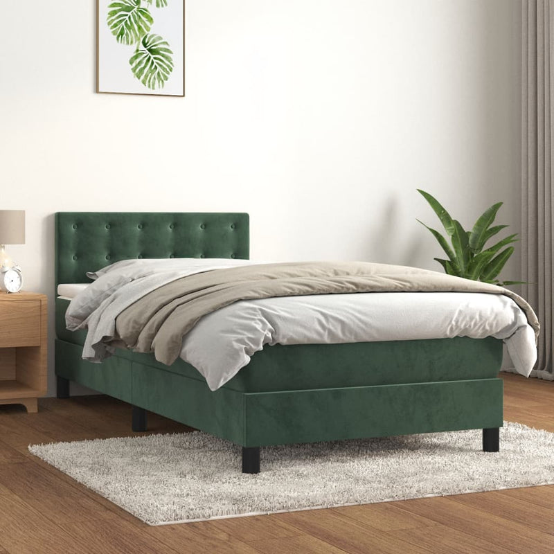 vidaXL sötétzöld bársony rugós és LED-es ágy matraccal 90x190 cm