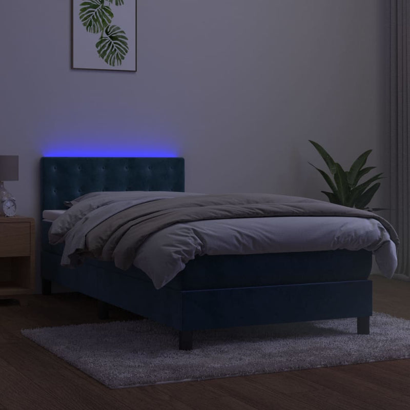 vidaXL sötétkék bársony rugós és LED-es ágy matraccal 90x190 cm