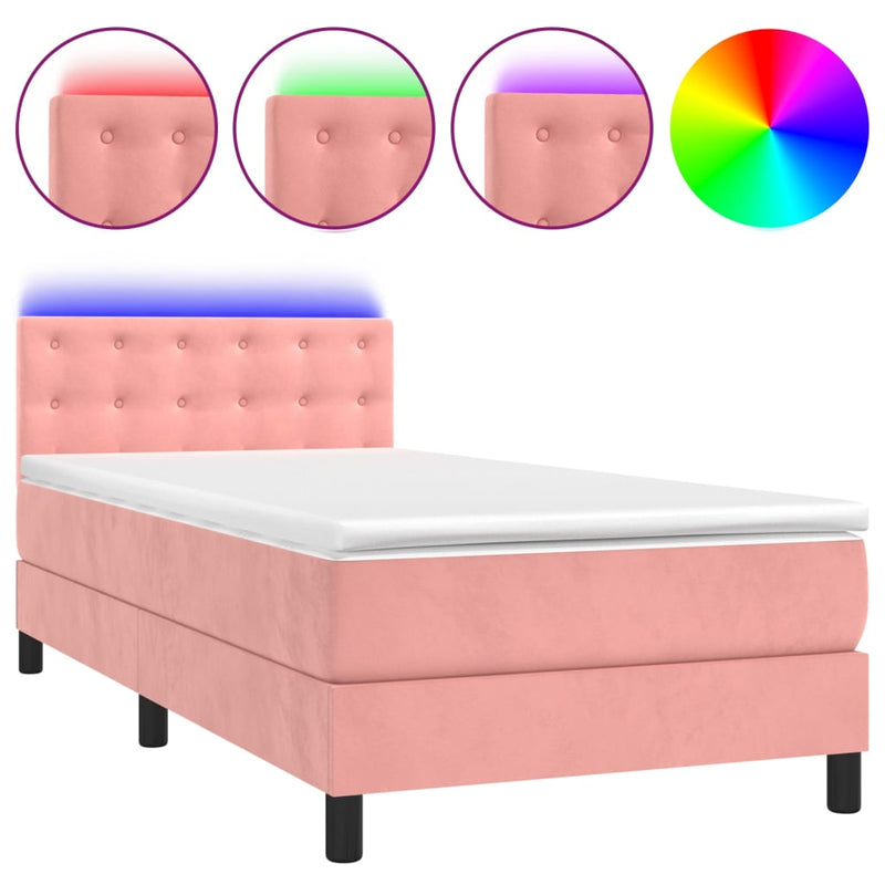 vidaXL rózsaszín bársony rugós és LED-es ágy matraccal 90x190 cm