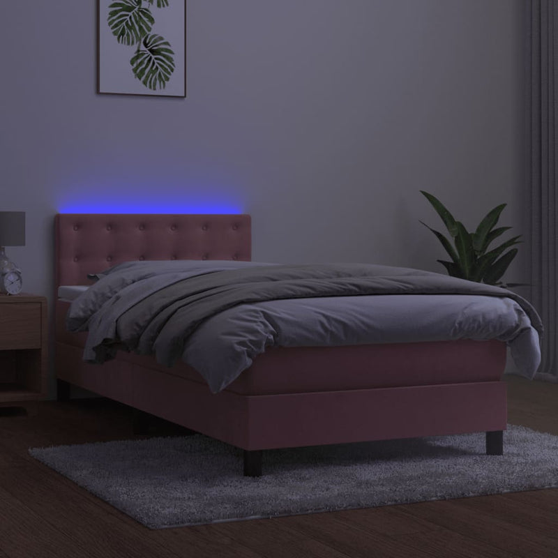vidaXL rózsaszín bársony rugós és LED-es ágy matraccal 90x190 cm