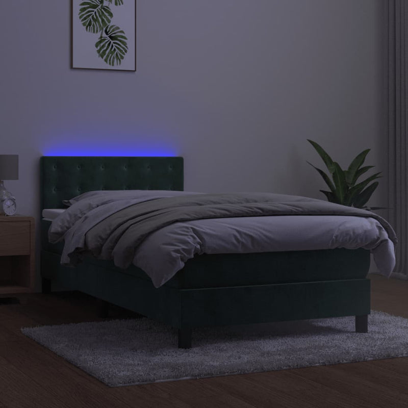 vidaXL sötétzöld bársony rugós és LED-es ágy matraccal 90x200 cm