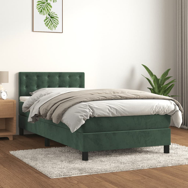 vidaXL sötétzöld bársony rugós és LED-es ágy matraccal 90x200 cm
