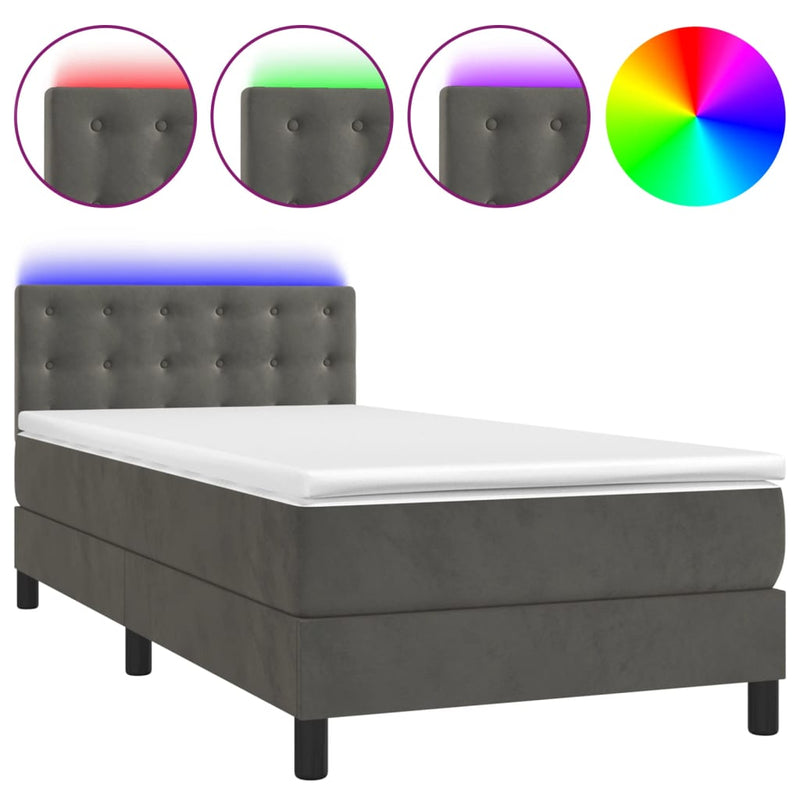 vidaXL sötétszürke bársony rugós és LED-es ágy matraccal 100x200 cm