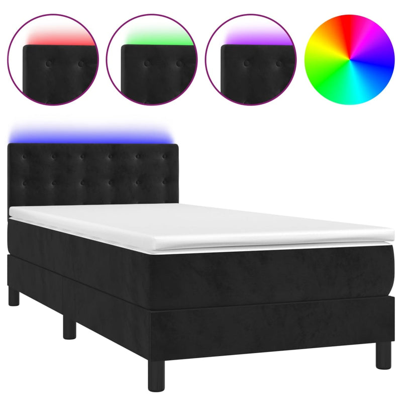 vidaXL fekete bársony rugós és LED-es ágy matraccal 100x200 cm
