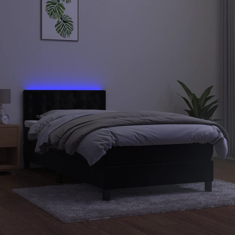 vidaXL fekete bársony rugós és LED-es ágy matraccal 100x200 cm