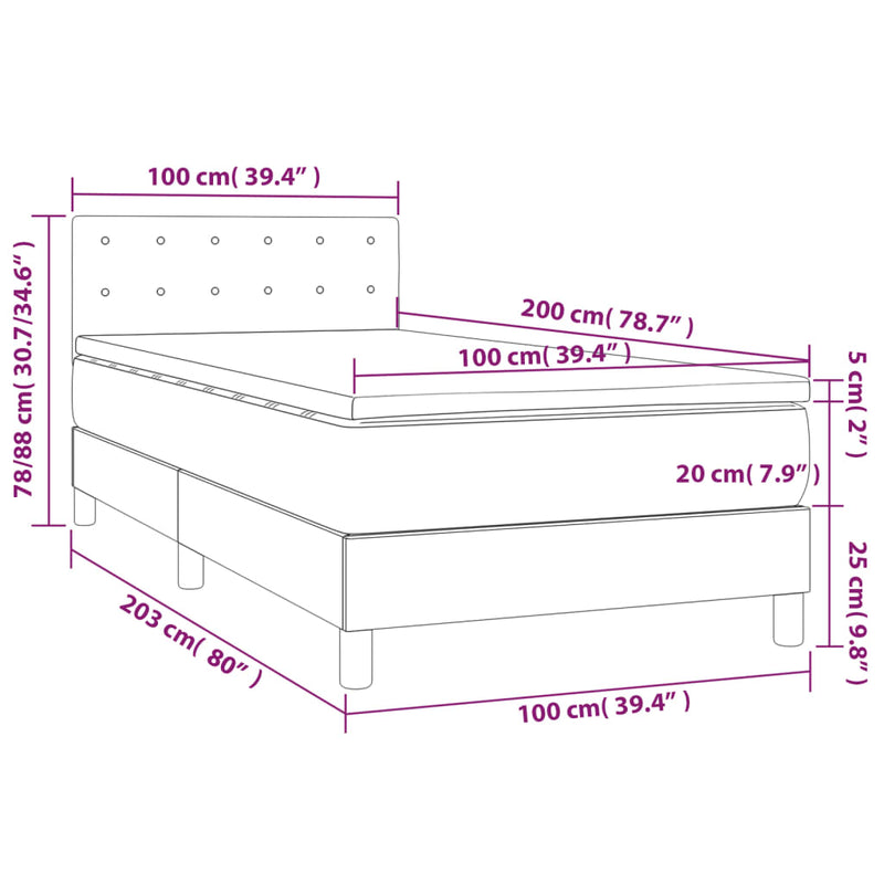 vidaXL fekete bársony rugós és LED-es ágy matraccal 100x200 cm