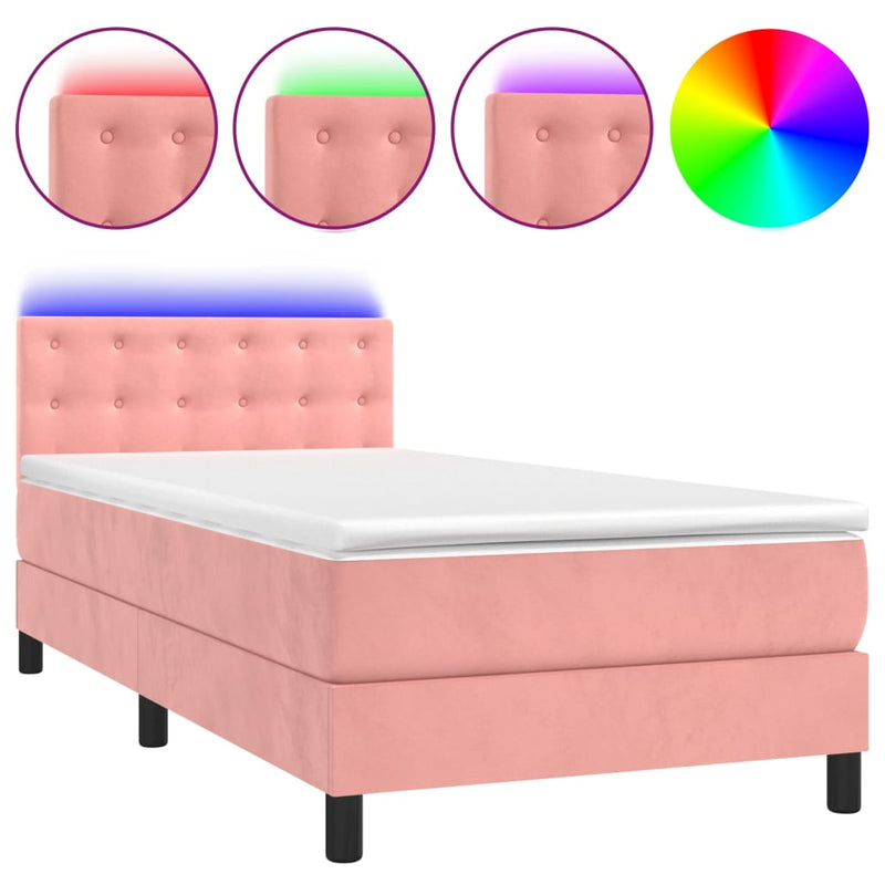 vidaXL rózsaszín bársony rugós és LED-es ágy matraccal 100x200 cm