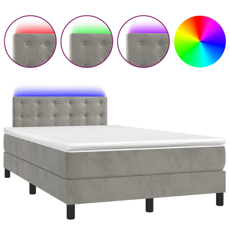 vidaXL világosszürke bársony rugós és LED-es ágy matraccal 120x200 cm