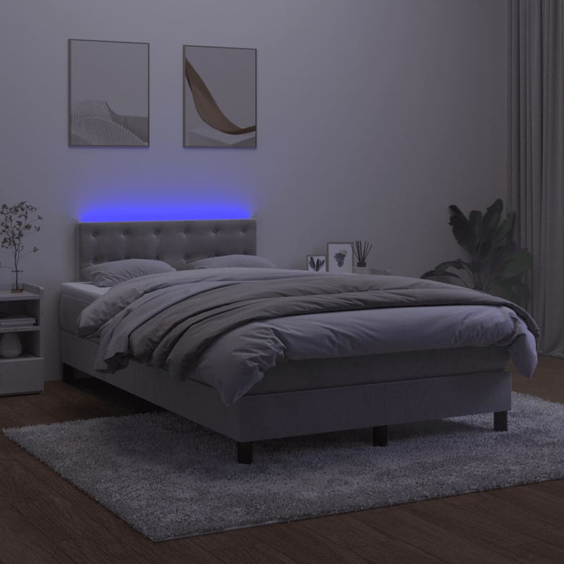 vidaXL világosszürke bársony rugós és LED-es ágy matraccal 120x200 cm