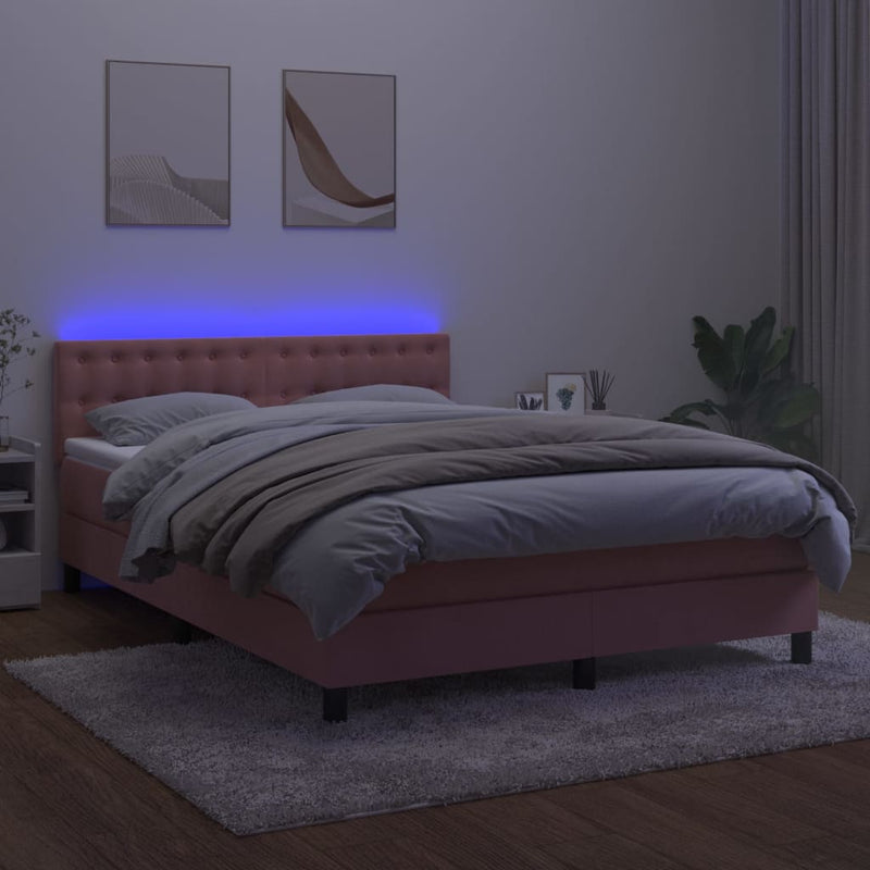 vidaXL rózsaszín bársony rugós és LED-es ágy matraccal 140x190 cm