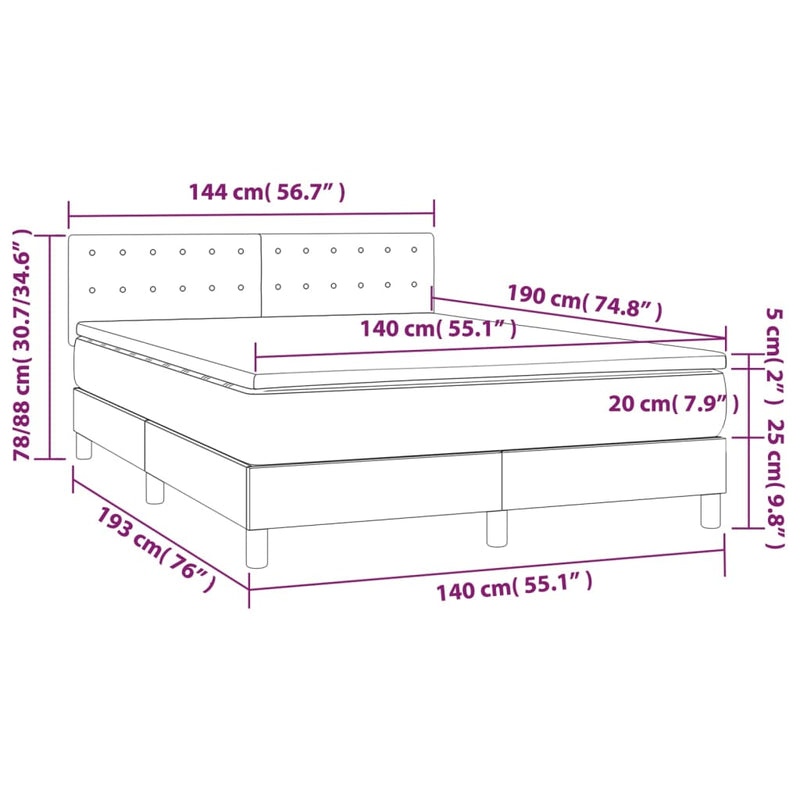 vidaXL rózsaszín bársony rugós és LED-es ágy matraccal 140x190 cm