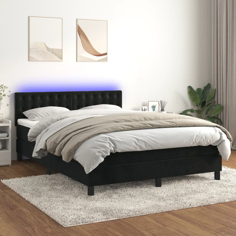 vidaXL fekete bársony rugós és LED-es ágy matraccal 140x200 cm