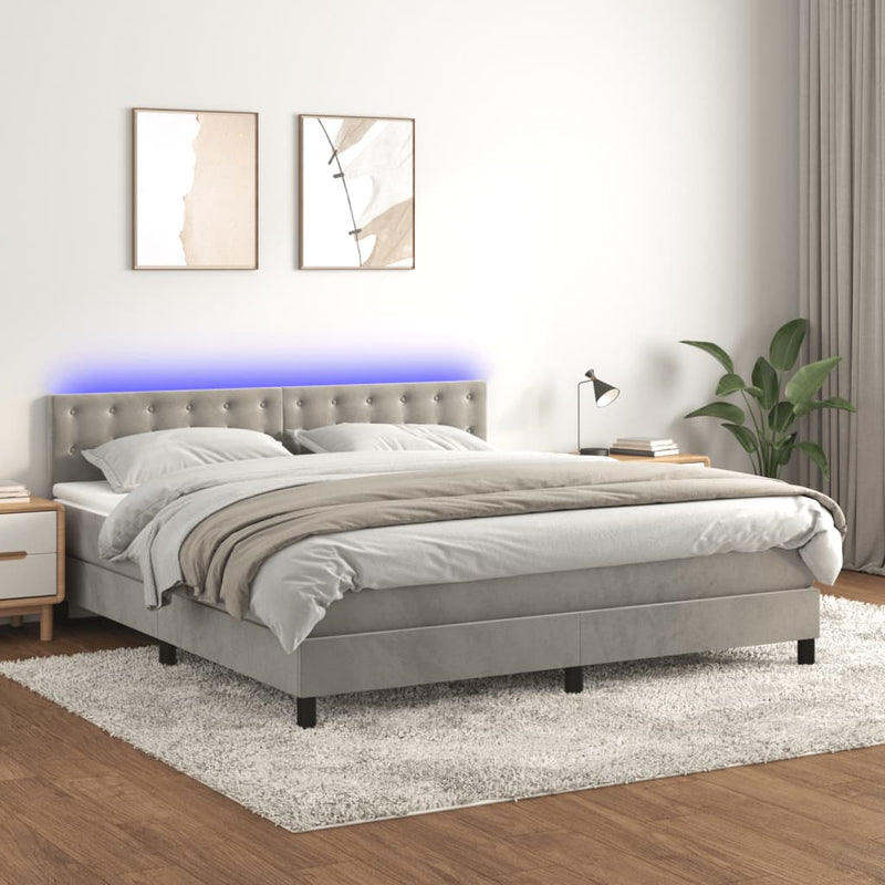 vidaXL világosszürke bársony rugós és LED-es ágy matraccal 160x200 cm