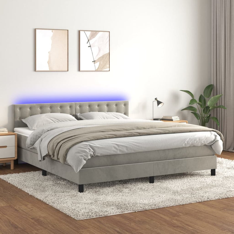vidaXL világosszürke bársony rugós és LED-es ágy matraccal 160x200 cm