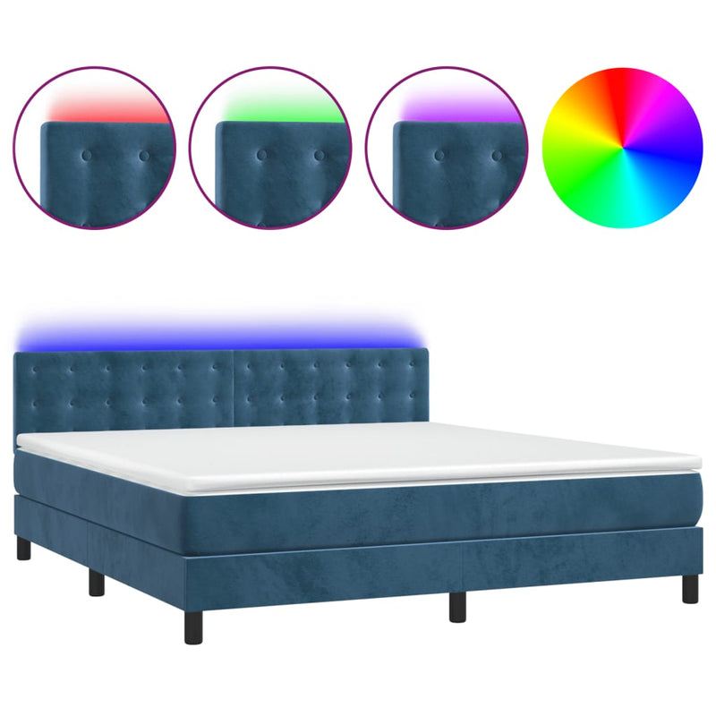 vidaXL sötétkék bársony rugós és LED-es ágy matraccal 160x200 cm