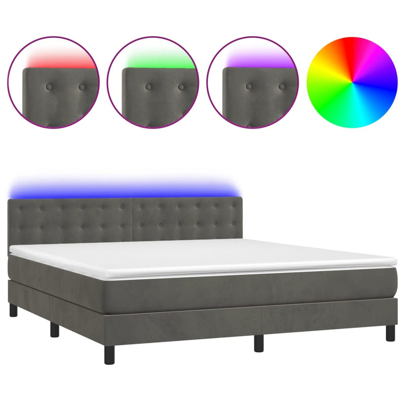 vidaXL sötétszürke bársony rugós és LED-es ágy matraccal 180x200 cm