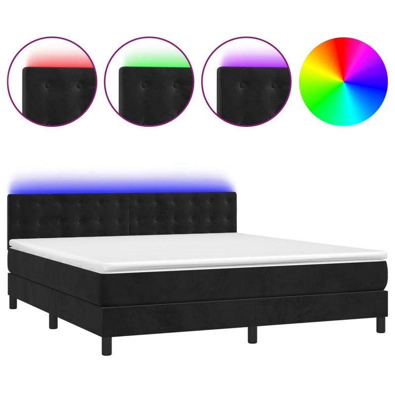 vidaXL fekete bársony rugós és LED-es ágy matraccal 180x200 cm