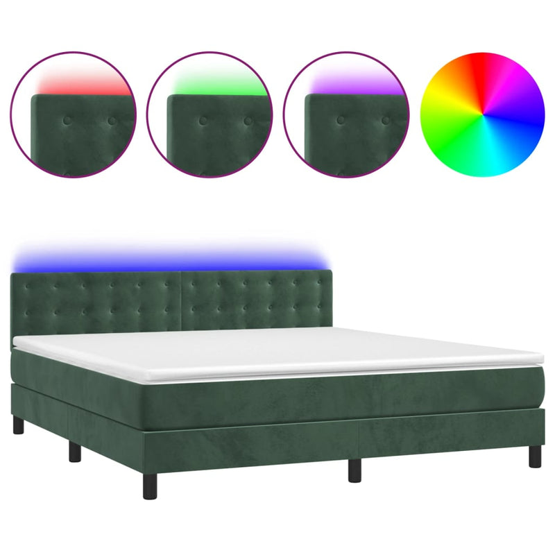 vidaXL sötétzöld bársony rugós és LED-es ágy matraccal 180x200 cm