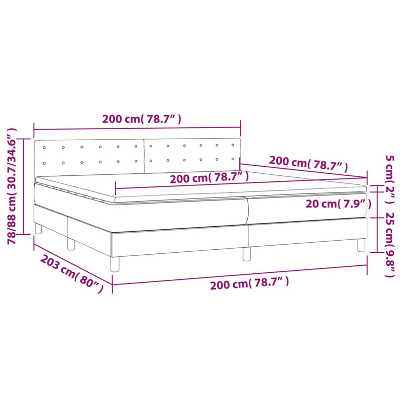 vidaXL sötétkék bársony rugós és LED-es ágy matraccal 200x200 cm