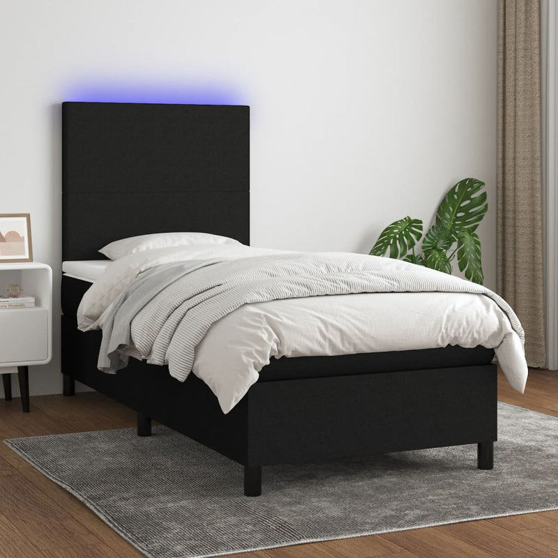 vidaXL fekete szövet rugós és LED-es ágy matraccal 90x200 cm