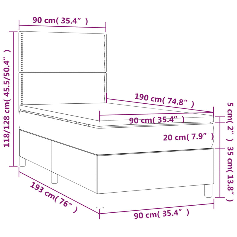 vidaXL világosszürke szövet rugós és LED-es ágy matraccal 90x190 cm