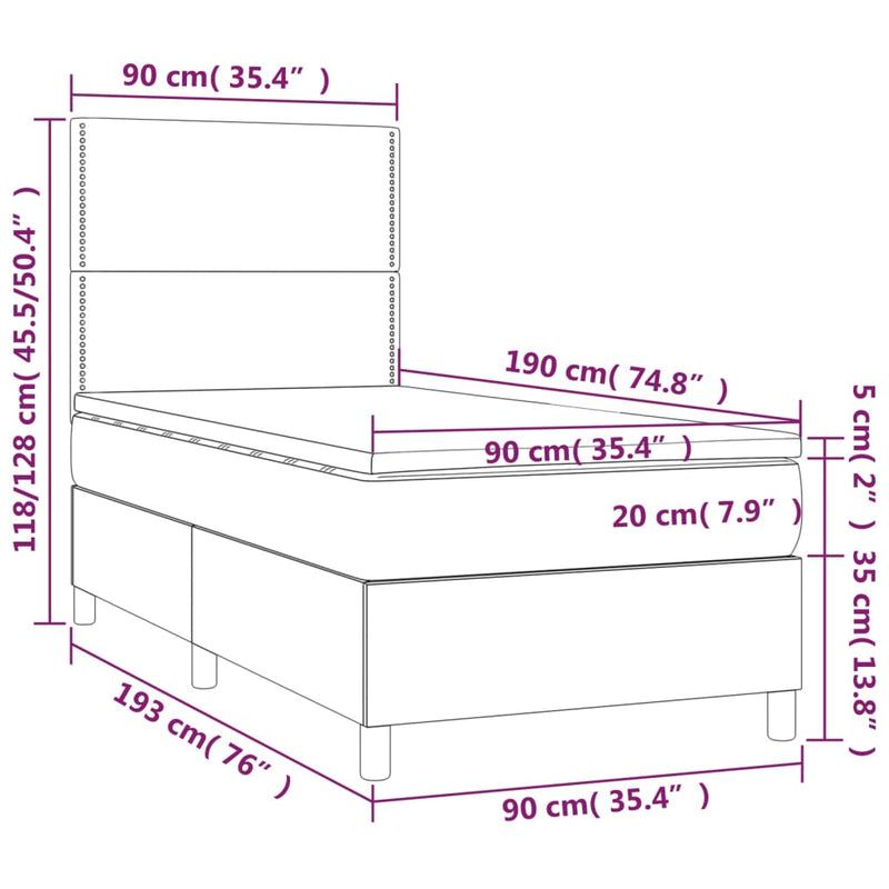 vidaXL sötétszürke szövet rugós és LED-es ágy matraccal 90x190 cm