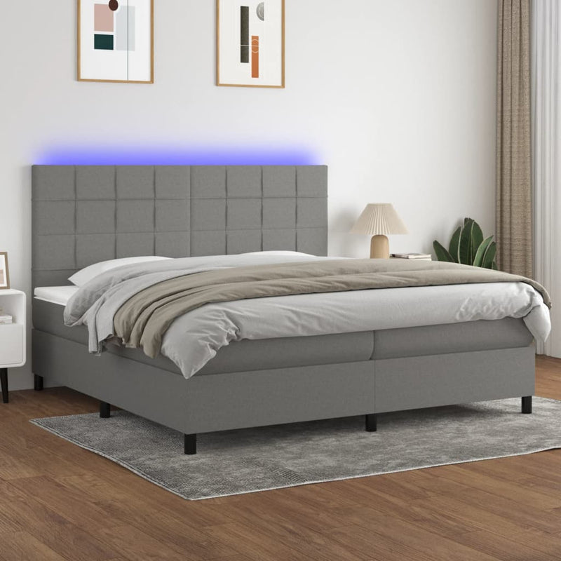 vidaXL sötétszürke szövet rugós és LED-es ágy matraccal 200x200 cm