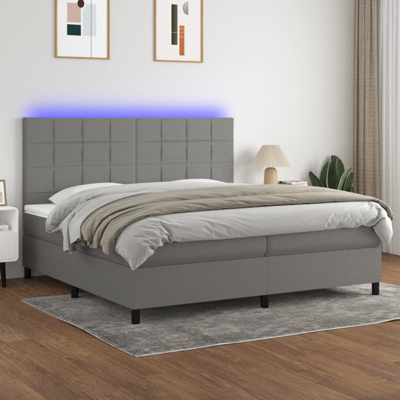 vidaXL sötétszürke szövet rugós és LED-es ágy matraccal 200x200 cm