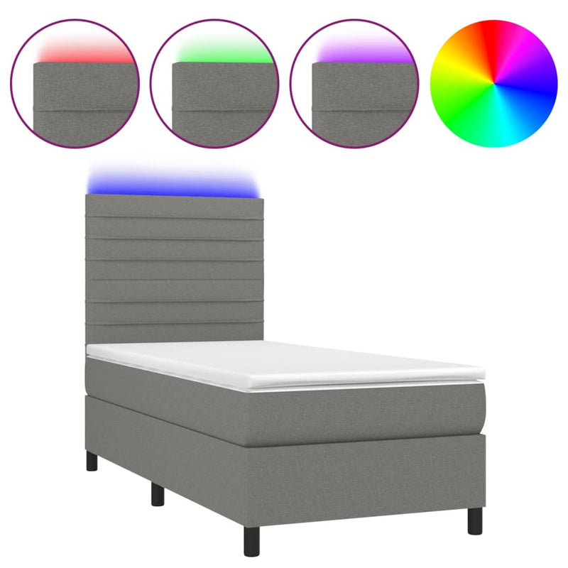 vidaXL sötétszürke szövet rugós és LED-es ágy matraccal 100x200 cm