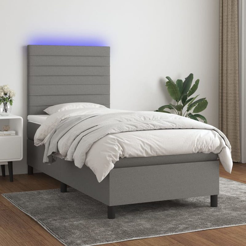vidaXL sötétszürke szövet rugós és LED-es ágy matraccal 100x200 cm