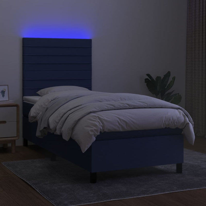 vidaXL kék szövet rugós és LED-es ágy matraccal 100x200 cm