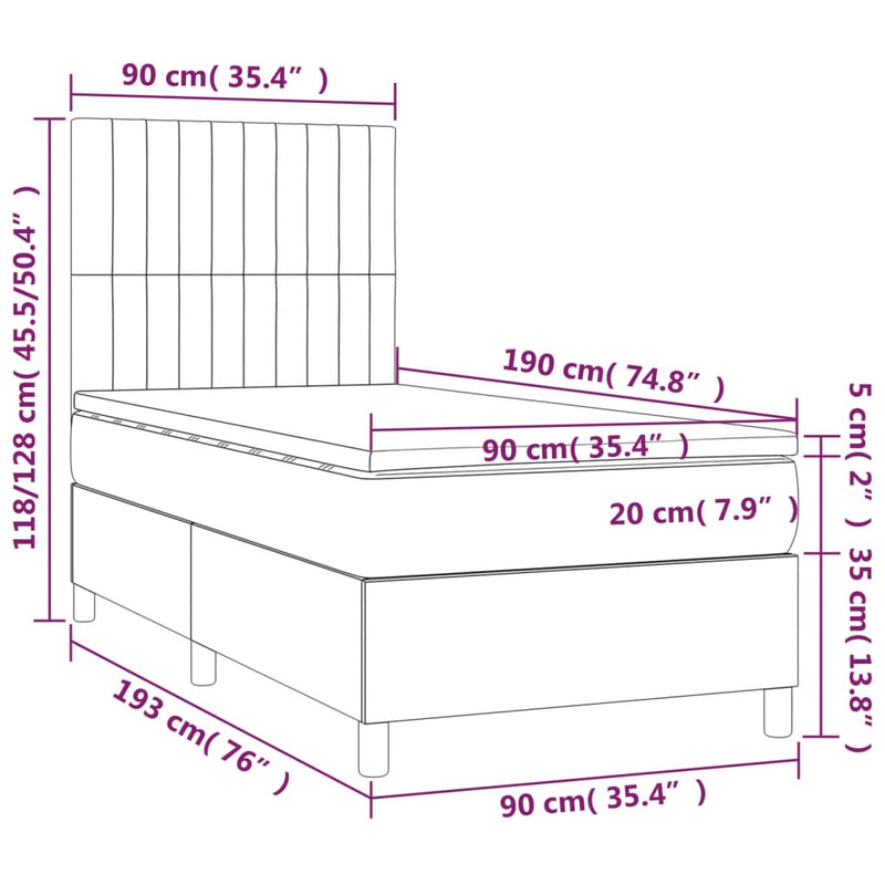 vidaXL tópszínű szövet rugós és LED-es ágy matraccal 90x190 cm