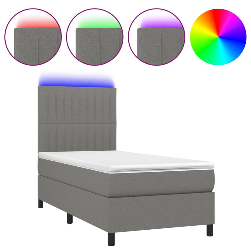 vidaXL sötétszürke szövet rugós és LED-es ágy matraccal 90x200 cm