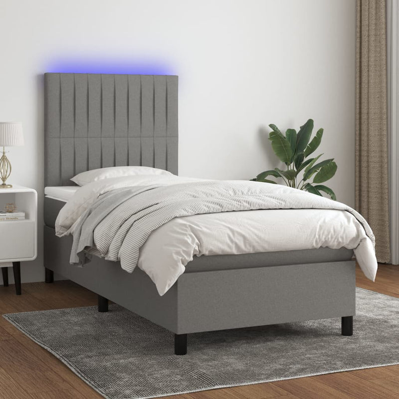 vidaXL sötétszürke szövet rugós és LED-es ágy matraccal 90x200 cm