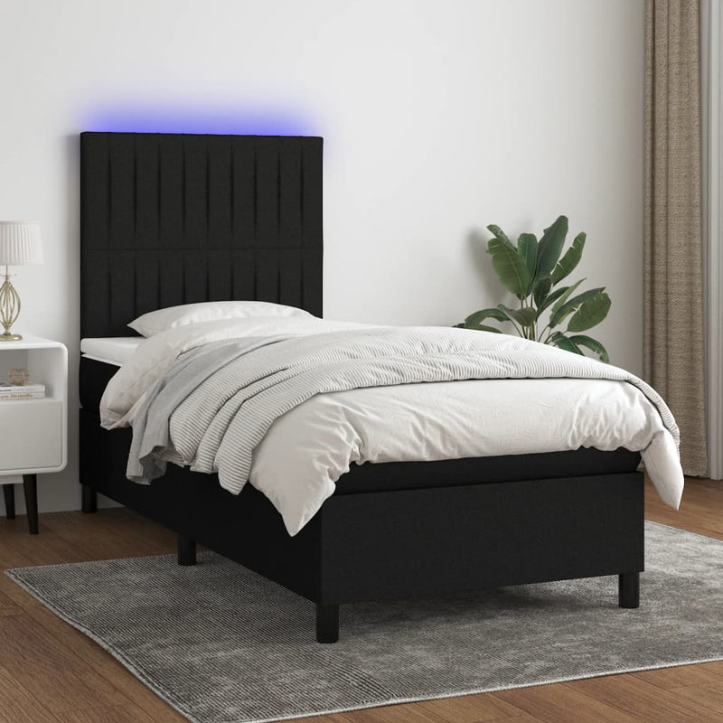 vidaXL fekete szövet rugós és LED-es ágy matraccal 90x200 cm