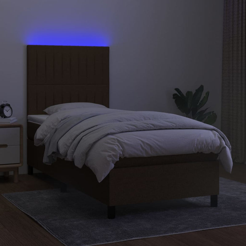 vidaXL barna szövet rugós és LED-es ágy matraccal 90x200 cm