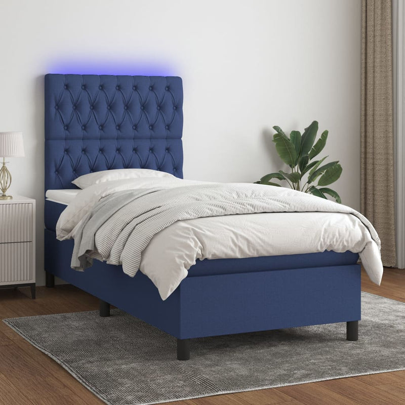 vidaXL kék szövet rugós és LED-es ágy matraccal 90x200 cm