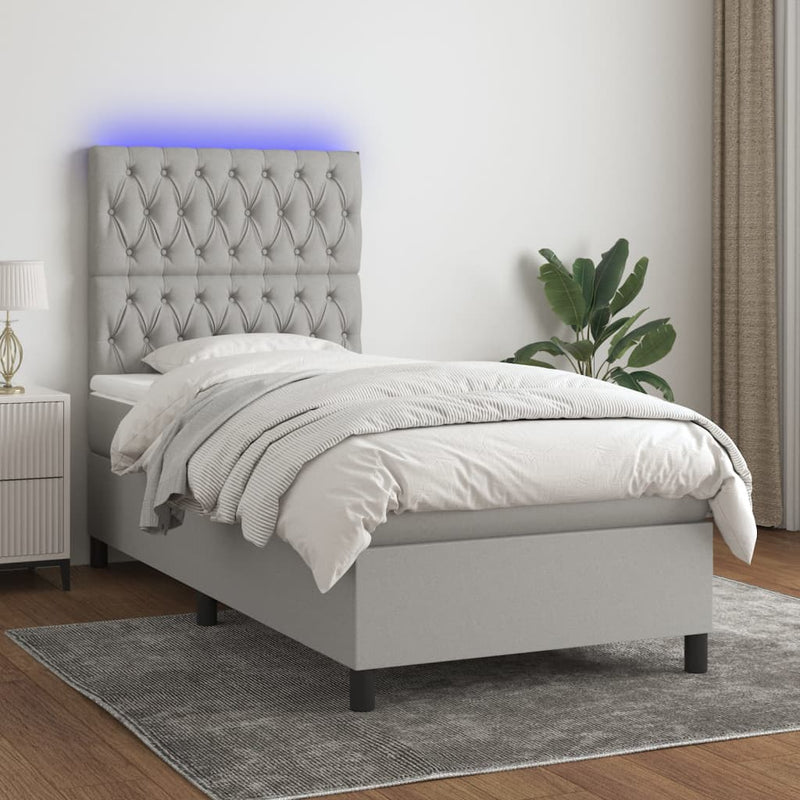 vidaXL világosszürke szövet rugós és LED-es ágy matraccal 100x200 cm