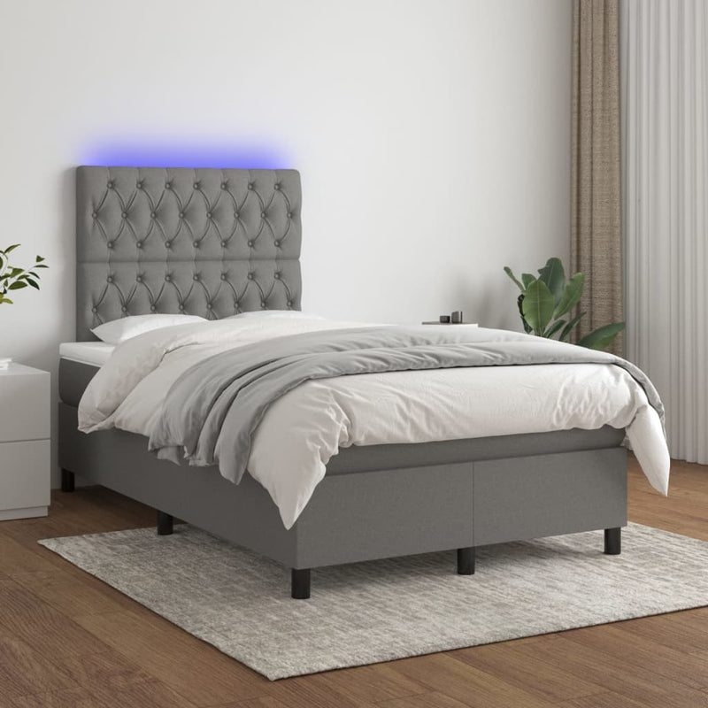 vidaXL sötétszürke szövet rugós és LED-es ágy matraccal 120 x 200 cm