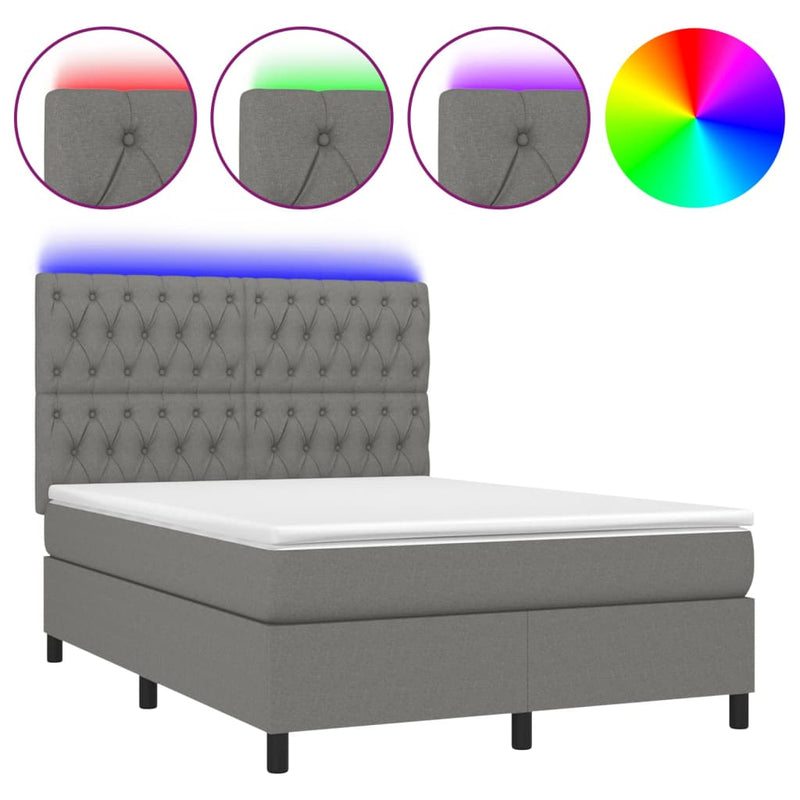 vidaXL sötétszürke szövet rugós és LED-es ágy matraccal 140x190 cm