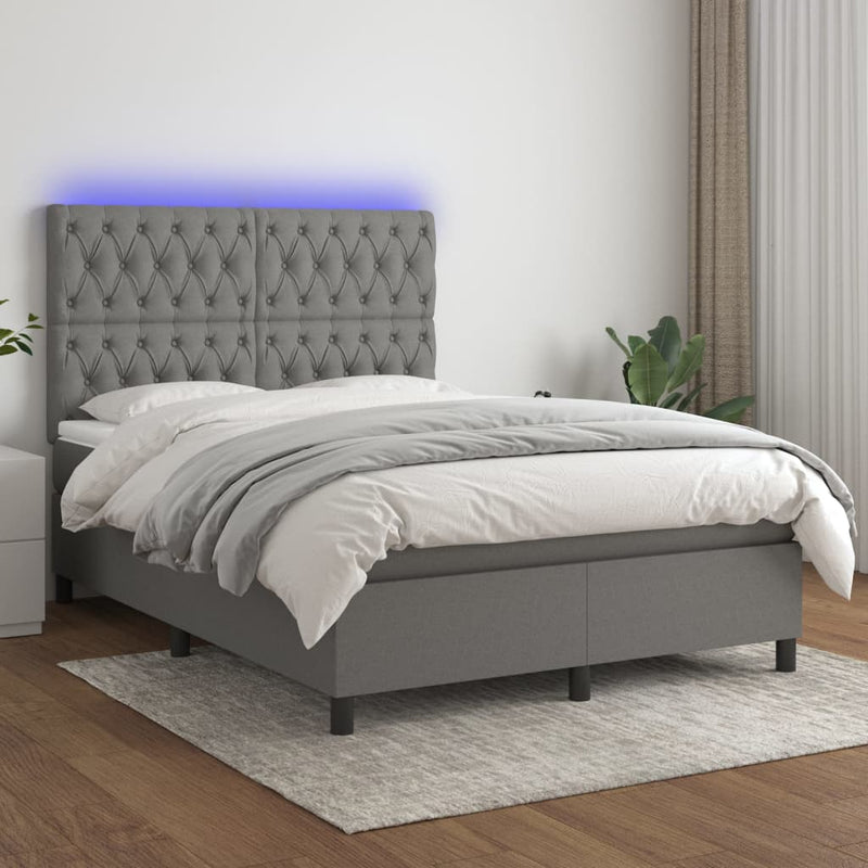 vidaXL sötétszürke szövet rugós és LED-es ágy matraccal 140x200 cm