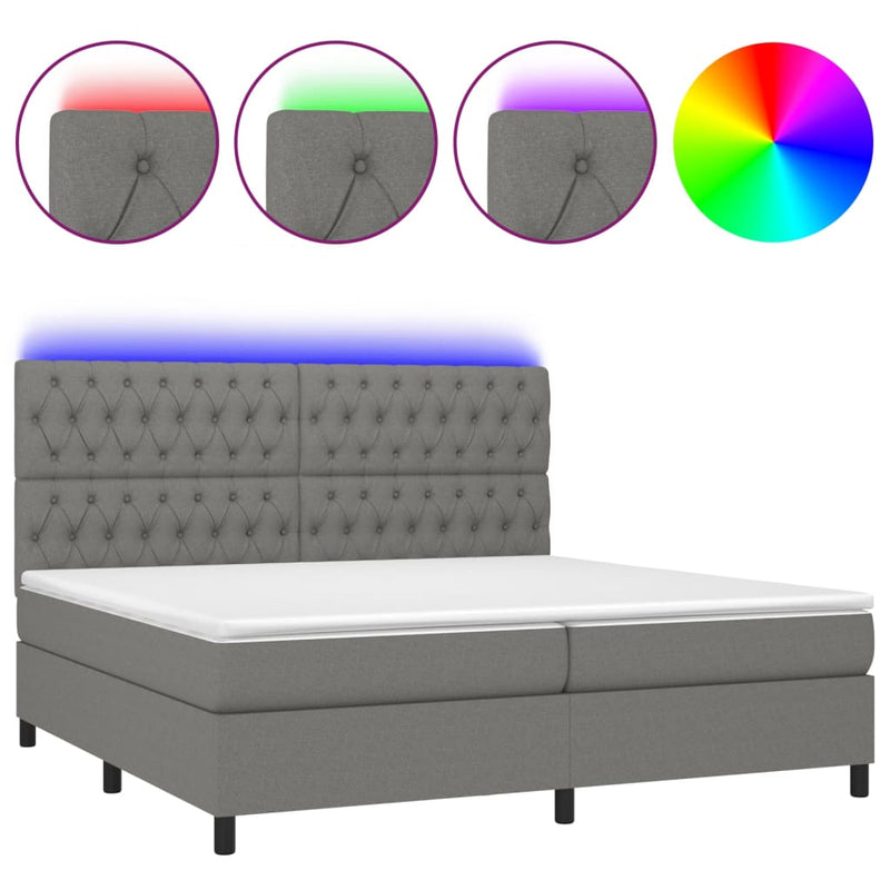 vidaXL sötétszürke szövet rugós és LED-es ágy matraccal 200x200 cm