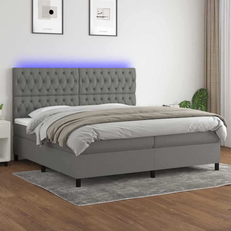 vidaXL sötétszürke szövet rugós és LED-es ágy matraccal 200x200 cm