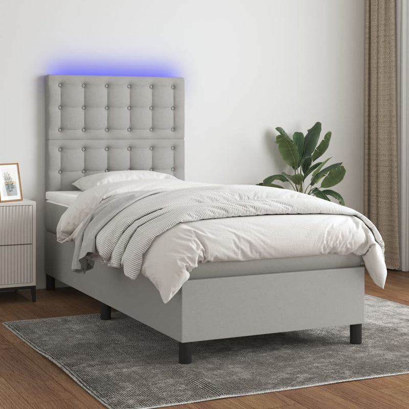 vidaXL világosszürke szövet rugós és LED-es ágy matraccal 100x200 cm